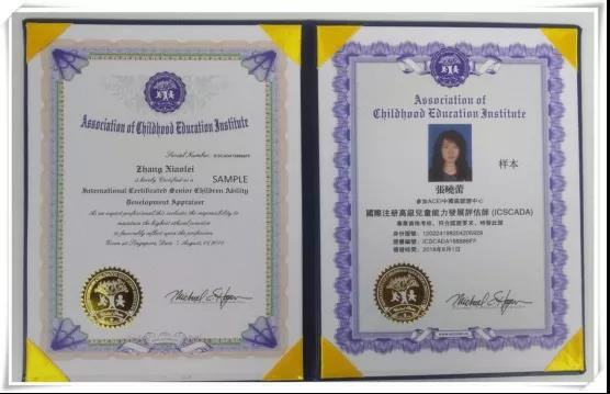 （“儿童能力发展评估师”国际认证证书样本）