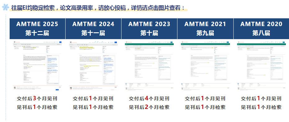 往届EI均稳定检索,论文高录用率,请放心投稿,详情请点击图片查看: 往届EI均稳定检索,论文高录用率,请放心投稿,详情请点击图片查看:
